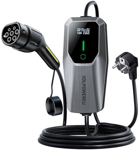 VDLPOWEREU Ladekabel Typ 2, 3.6KW /5M Ladekabel Elektroauto, 6A-16A LED-Anzeige Tragbare EV Ladegerät, Typ 2 für Elektrofahrzeuge mit Einphasigem EU-Schuko, IP65(Norm IEC 62196-2)