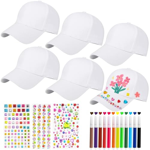 Graffiti Kappe Weiß,DIY Baseballkappe Kinder mit Glitzersteine Selbstklebend,Baseball Caps Scherzt Baseballmütze zum Bemalen Kunst Anstrich Hut Mütze für Kindergeburtstag Basteln Mädchen Jungen