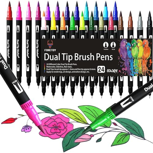 FORETOY Dual Brush Pen Set, 24 Farben Filzstifte Dicke und Dünne Pinselstifte Für Kinder Erwachsene Bullet Journal Stifte, Handlettering, Manga, Mandala, Malbücher, Fasermaler und Fineliner