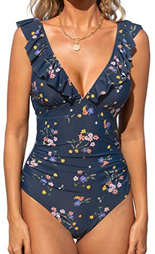 CUPSHE Badeanzug Damen V Ausschnitt Rüschen Monokini Bauchweg | V Ausschnitt,Volants,Bauchweg Raffung,Bequeme Passform,Mittlere Bedeckung,Für Strand und Pool