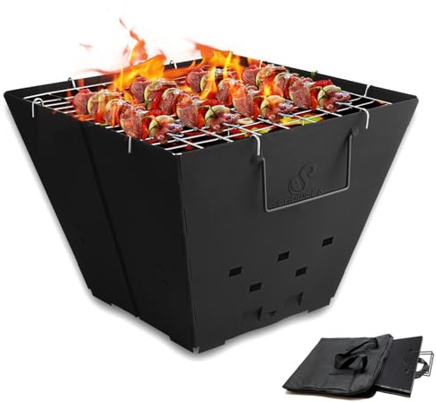 Snowpea - Tragbare Feuerstelle für Camping, Outdoor-Feuerstelle mit Tragetasche, Eisen-Feuerschale für Picknicks, Lagerfeuer, Terrasse - Mit Grillrost