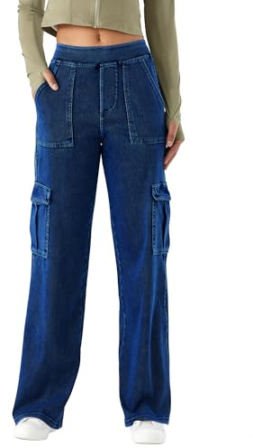 LaiEr Frauen Denim Walking Hosen Gerade Bein Hosen Casual Arbeit Bottoms Outdoor Streetwear Y2K Womens Stretch Cargo Hosen mit Taschen für Casual Outdoor Wandern Jeans(Dark Blue M)