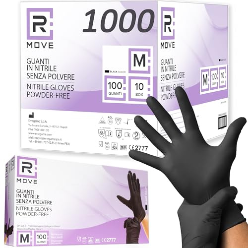 R MOVE 1000 Einweghandschuhe Schwarz, Nitrilhandschuhe, einmalhandschuhe puderfrei & latexfrei, handschuhe einweg für Mechaniker, Tätowierer, Kosmetikerinnen (Schwarz, M)