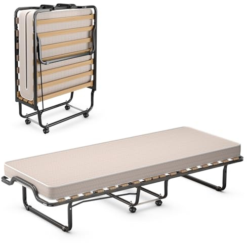 COSTWAY Gästebett klappbar 90x200 cm, Klappbett Erwachsene mit Matratze aus Rückstellschaum, Einzelbett mit 4 Rollen & Stabiler Metallrahmen, Reisebett für Camping & Gästezimmer (Beige)