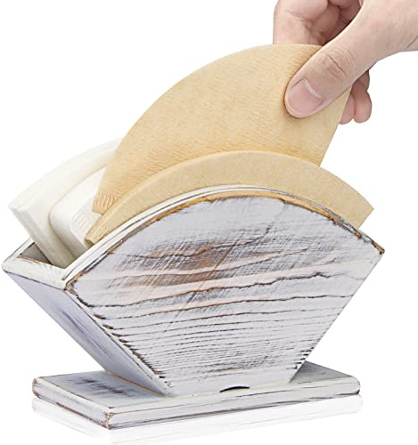 ANBOXIT Kaffeefilterhalter, Landhausstil Weiß Kiefernholz Filtertütenhalter | Behälter für V60 Melitta Konische Filterpapier