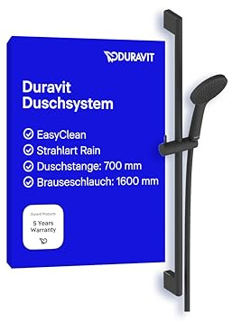 Duravit Universal Duschsystem, Duschset mit Strahlart Rain, Duschstange (700 mm) mit höhenverstellbarer Handbrause, Brauseschlauch mit Verdrehschutz, Schwarz Matt