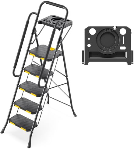 KINGRACK Leiter 5 Stufen mit Werkzeugplattform, trittleiter 5 Stufen klappbar mit Handläufen, stabile Stahlleiter mit breitem Pedal, tragbare Sicherheitsleiter für Erwachsene Malerei Haus
