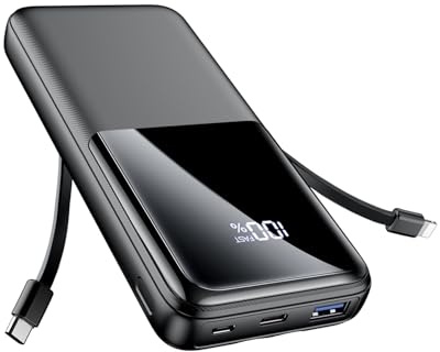 Power Bank 26800mAh, Tragbares Ladegerät mit 3 Anschlüssen & 2 integrierten Kabeln, USB C Schnellladung Powerbank Externer Akku Kompatibel mit iPhone 17 16 15 14 13 Android, Mattschwarz