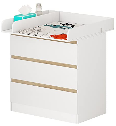 WOLTU Wickelkommode mit Wickelaufsatz, Wickeltisch, Kommode mit 3 Schubladen, Wickelaufsatz abnehmbar, mit Kippschutz, 86 cm für Lendenwirbelschutz, Weiß+Eiche