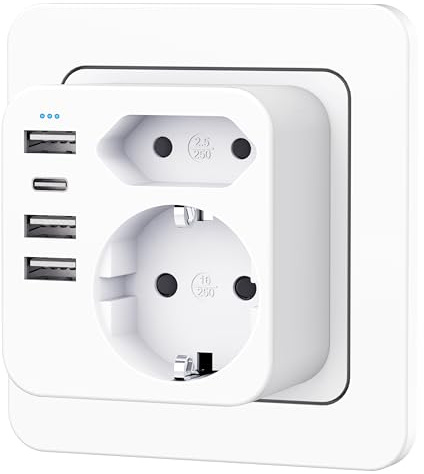 Mehrfachsteckdose mit 4 USB Ports, Mehrfachstecker für Steckdose mit 2 Fach Stecker, Steckdosenadapter mit USB C Port, Doppelstecker für USBC Steckdose, Steckdosenleiste