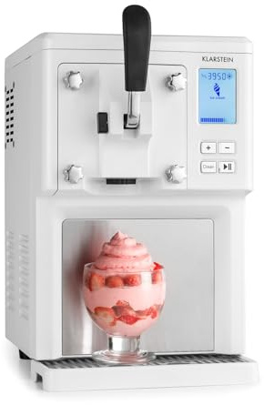 Klarstein Sweet Sundae - Eiscrememaschine, 1,5 Liter, mitselbstkühlendem Kompressor, 200 Watt, Ausgabesystem, 3 StundenAuto-Kühlhaltefunktion, Reinigungsautomatik, Edelstahl, weiß