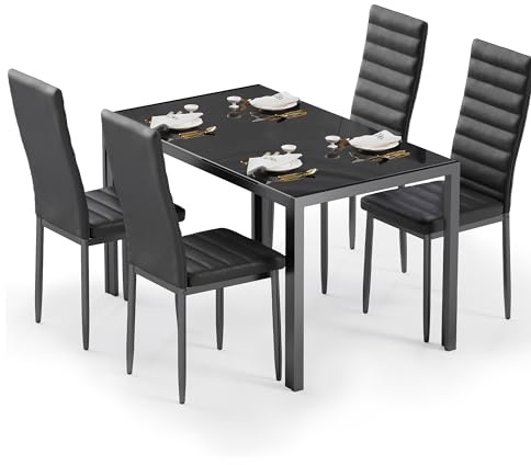 Bealife Esstisch mit 4 Stühlen Set, Esstisch und Stühle für 4 Personen, Esszimmer 6 Stühle und Tisch, Set mit Esstisch und Stühlen für Küche, Esszimmer und Wohnzimmer (Schwarz, 4stühle)