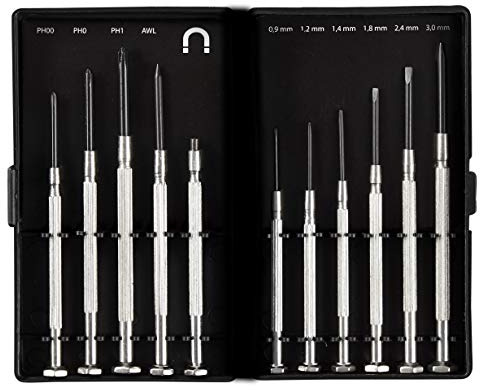 vendify® Feinmechaniker Schraubendreher Set mit drehbaren Köpfen, Mini Schraubendrehersatz 11 teilig für Elektronik, Uhrmacherwerkzeug, Modellbau, Laptop, Handy, Brillen