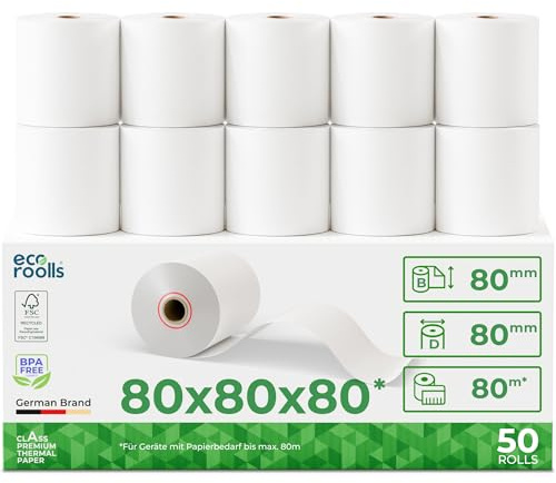 ECO ROOLLS® Thermorollen 80mm x 80mm x 12mm [Für alle üblichen Kassensysteme] - Kassenrollen 80x80x12 Thermo - Bonrollen Thermopapier - Geeignet für Drucksysteme mit Papierbedarf bis 80m (50 Stk)