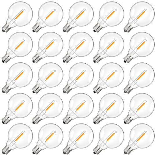 Hcnew 25 Stück E12 G40 LED Solar Ersatzbirnen, 2700 K Warmweiß, 1 W entspricht 5 W, DC 3 V, bruchsichere und wasserdichte Globe Glühbirnen für Lichterketten, Party, Terrasse, Garten, Hochzeit