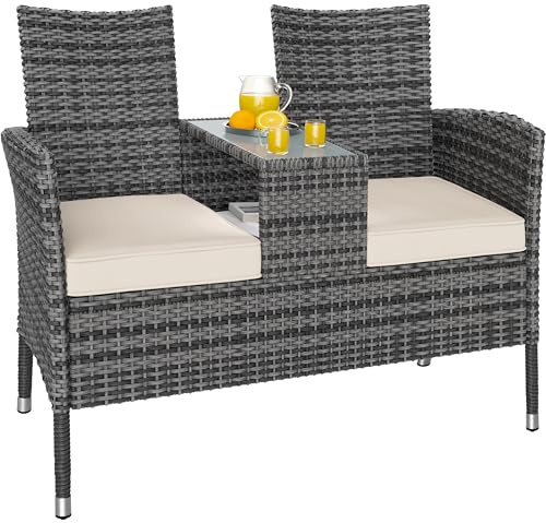 CASARIA Gartenbank Polyrattan wetterfest, 2-Sitzer, Gartenmöbel Set | 143 x 55 x 88 cm, 320 kg, Glastisch bis 80 kg, Ablagefach, Bezüge bei 30 °C waschbar, Geflecht Grau, Polster Creme