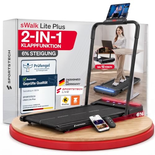 Sportstech sWalk Lite Plus 2-in-1 Klappbares Laufpad | Bis 12 km/h & 6 km/h Gehmod, Man. Steigung, App-Steuerung, Ideal für Senioren