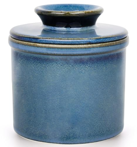 Jersinwei Französische Butterdose Wassergekühlt mit Wasserlinie Keramik Butterglocke für streichfähige Butter - Blue