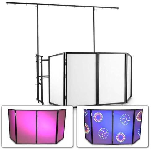 Vonyx DJ Booth Set - Mobiles DJ Pult, 1x Vonyx DB2 DJ Tisch klappbar, 1x Vonyx All-in-1 Pro Disco-Ständer, DJ Tisch Mobil mit Lichtstativ zum zusammenstecken