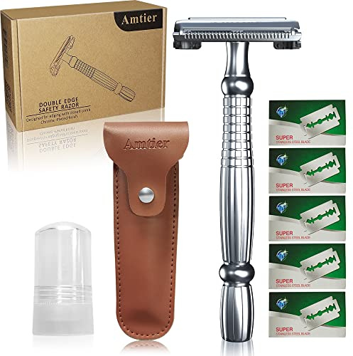 Amtier Rasierhobel Herren Set - inkl 5 Japan Klingen- Aftershave Blutstiller Alaunstein - Reiseetui für Rasierer Tragbare Leder-Rasierer-Schutzhülle