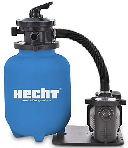 HECHT Sandfilter Sandfilteranlagen 11.000 Liter – Poolfilteranlage Sandfilterpumpe Reinigungspumpe für Gartenpool – Sandfilteranlage Pool - Schwimmbecken Reinigung mit Vorfilter Filter – 7-Wege Ventil