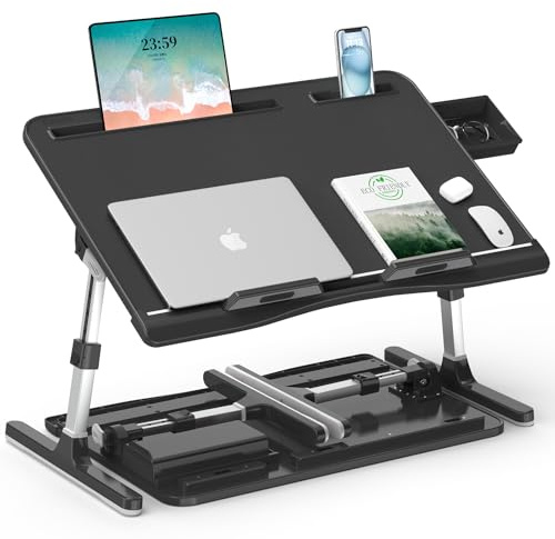 Betttisch, Potuopy Leder einstellbare Höhe Winkel Laptop Tisch für Bett, X-Große Faltbare Laptoptisch mit Eco Holzbrett für die Arbeit Lesen Essen auf Bett Sofa Boden (schwarz, 60 * 40cm)