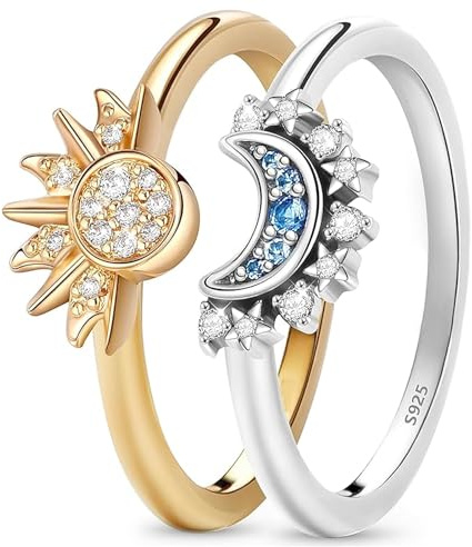 Gloryit Sonne Mond Ring Set,Ringe Frauen Gold Silber 925, Himmlische Sonne Ring Gold und Mond Ring Silber Matching Rings,ring mond,Funkelnder Sonnenring