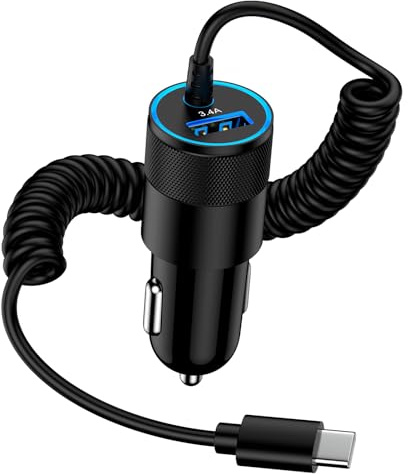 USB Zigarettenanzünder Adapter, 3.4A Schnell Kfz Ladekabel USB C Auto Ladegerät mit 1.2M Spiralkabel USBC für Samsung Galaxy S26 Ultra/S25 FE/S24/S23/S22/S21/A56 5G/A55/A54/A36/A17/A16,iPhone 17/16/15