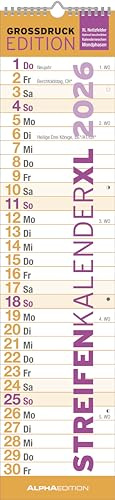 Alpha Edition - GROSSDRUCK Streifenplaner XL Kalender 2026 – 15x64 cm – Wandplaner – Ideal für Senioren, Büro & Familie – Großer Küchenkalender mit Feiertagen (DE/AT/CH) & Mondphasen