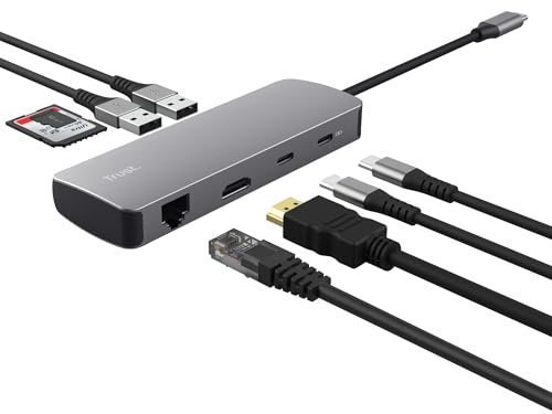 Trust Vylor 8-in-1 USB C Hub Multiport Adapter mit HDMI 4k60Hz, Gigabit Ethernet, MicroSD/SD Kartenleser, USB-C USB-A, Ladeanschluss 100W, Kompakt Docking Station PC Laptop Dell HP Asus MacBook