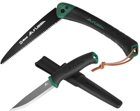 FLISSA Outdoor Messer & Handsäge Set, 2-tlg Jagdmesser & Astsäge | Feststehende Klinge 105 mm mit Scheide, klappbare Astsäge 180 mm mit Sicherheitsverschluss, für Outdoor, Camping, Garten