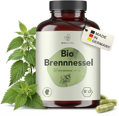 BIONUTRA© Bio Brennnessel Kapseln, 270 Stück à 600 mg hochdosiert, vegan & ohne Zusätze, Rückstandskontrolliert, Deutsche Herstellung aus Brennnessel Bio Battpulver