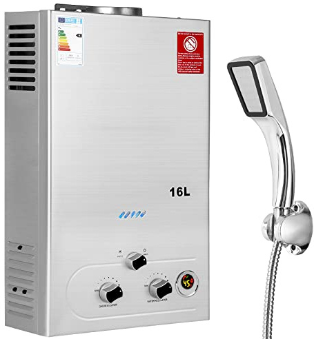 BreeRainz 16L Gas Durchlauferhitzer mit Duschkopf,32KW LPG Propan Butan Warmwasserbereiter, Super Niedrigem 0,2 bar Startwasserdruck für Zuhause Wohnmobile Kabinen