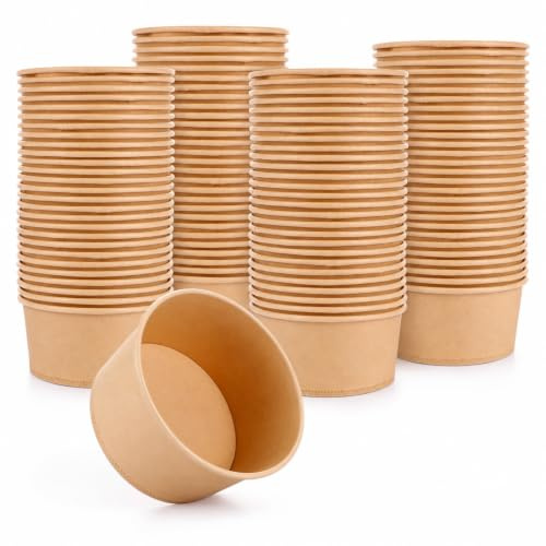WOPPLXY Eisbecher Pappe, 450ml, Kraft Karton, 100 Stück | Stapelbar, Innenwand mit PE Folie, Auslaufsicher, für Eisbecher, Suppe, Salat und Nachtisch
