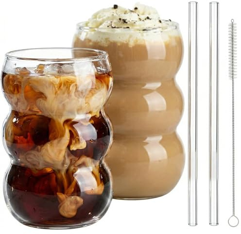 VITEVER Latte Macchiato Gläser Set, 2 Kaffeegläser perfekt geeignet für Cappuccino, Caffe Lungo oder Americano, Spülmaschinenfest, Bubble Gläser 550 ml，Kostenlose Bürste und Strohhalm