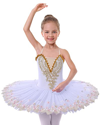 Ballettkleidung Mädchen 4-14-Jahre für Tanz: Tüll Ballettkleid mit verstellbarem Träger und Applikationen - Kinder Tanzkleid für Balett Eiskunstlauf Rollkunstlauf