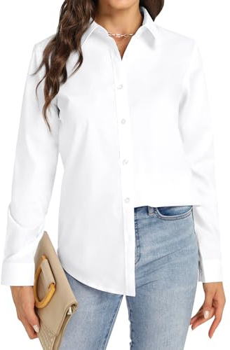 J.VER Bluse Damen Langarm Blusenshirt Einfarbig Tops Kragen Baumwolle Oberteile Knitterfreies Hemdbluse Mode Für Damenblusen Alle Weiß