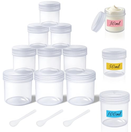 HavaCue 12 Stk Cremedosen zum Befüllen 100/50/30ml, Transparent Tiegel | Kunststoff Döschen mit Deckel, 3 Spateln, Tiegel für Creme, Creme Tiegel Leer Set für Kosmetika Süßwaren Kleiner Schmuck