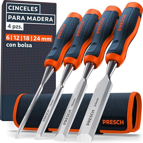Presch Stechbeitel Set für Holz 4tlg. inkl. Tasche - Fertig geschliffene Stemmeisen (6, 12, 18, 24mm) - Profi Stecheisen mit 25° Keilwinkel mit robuster Metallschlagkappe