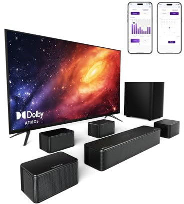ULTIMEA 7.1 Surround Sound System für TV mit Dolby Atmos, Poseidon D80 | App, 4 kabelgebundene Surround-Lautsprecher, 460W Soundbar für Smart TV mit Wireless Subwoofer, Heimkino Sound System