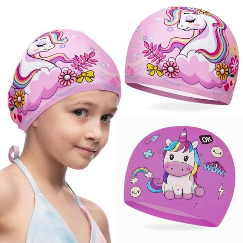 JYNXOR 2 Pcs Badekappe Mädchen, Alter 2–12 Jahre, Rosa, Polyester, Schwimmhaube für lange Haare, Cartoon-Design, Schutz vor Chlor, Passende Größe