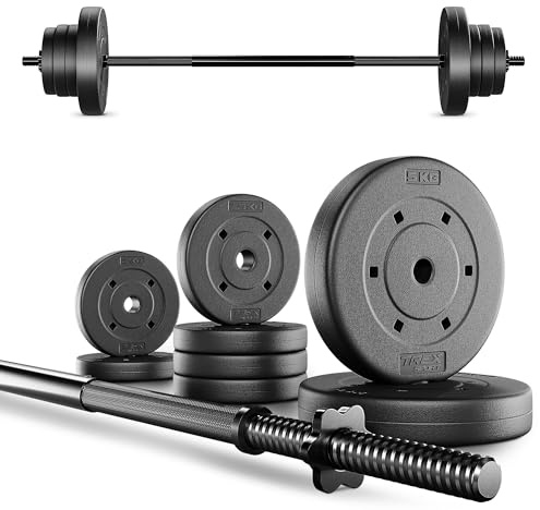 TREX SPORT Langhantel Set 22 kg | Hantelset mit Langhantelstange 120 cm aus Stahl und 8 Hantelscheiben aus Kunststoff in Schwarz mit mattem Finish für Krafttraining zuhause