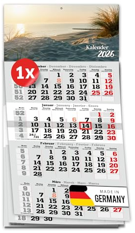 PRIMUS PRINT 4-Monats Einblockkalender 2026 mit Schieber - Wandkalender zum Aufhängen - großer Monatskalender - inklusive Feiertagen - verschiedene Motive, verschiedene Sets - [ 1x Strand ]
