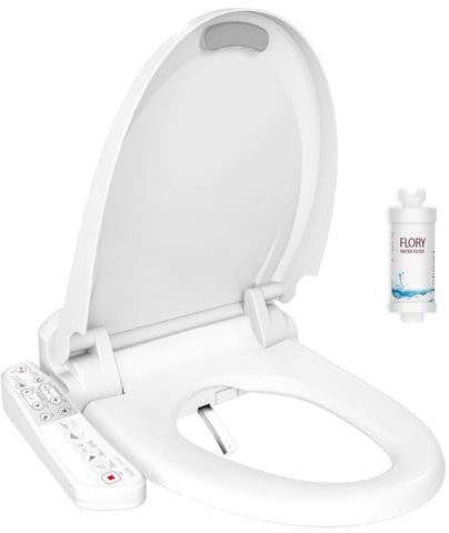 Japanische Toilette, Elektronisches Bidet, Sofortige Erwärmung Intelligenter Smart Bidet Toilettensitz, Edelstahldüse, Nachtlicht, Memoryfunktion mit Wasserfilter, V-Form (Gebogen-600)