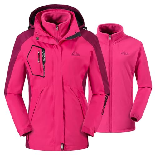 donhobo Damen Outdoor 3-in-1 Skijacke mit Fleecejacke wasserdichte Regenjacke Winddicht Warm Winterjacke Doppeljacke Funktionsjacke mit Abnehmbare Kapuze