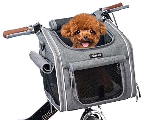 BABEYER Hundefahrradkorb, erweiterbarer weicher Haustier-Tragerucksack mit 4-offenen Türen, 4-Mesh-Fenster für kleine Hundekatzen-Welpen-Grau