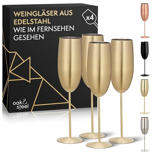 Oak & Steel - 4 Edelstahl Sektgläser (285ml), Champagner & Prosecco Gläser - Gold Matte - Robust & Unzerbrechlich - Geschenkset für Geburtstage & Weihnachten
