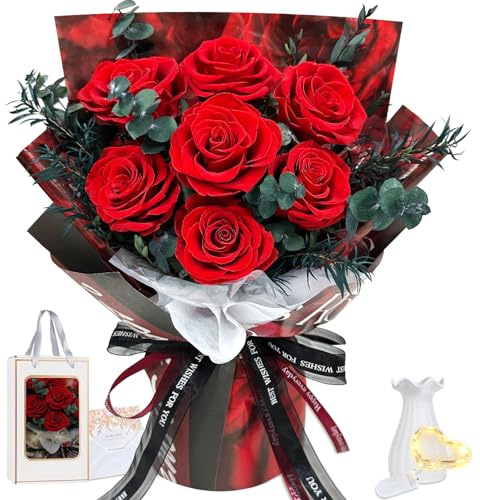 Ewige Rosen Blume Strauß mit Vase und LED Licht, 7 Rosenstrauß Konservierte Blumenstrauß Infinity Rosen Strauß Geschenke für Frau, Freundin, Mama zum Geburtstag, Valentinstag, Weihnachten