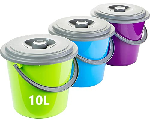Eimer mit Deckel 10l 3er Set, Kübel mit Deckel Putzeimer 10l Kunststoff, Lebensmittelecht, Stapelbar, Made in EU