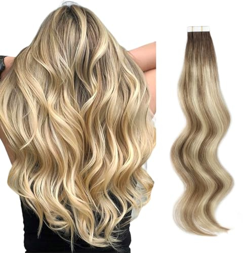 ABH AMAZINGBEAUTY HAIR Extensions Echthaar Tape Doppelseitige Wurzel Highlight Echthaar Extensions Tape In Extensions Remy Menschenhaar Aschbraun Strandblond mit Dunkelbrauner Wurzel R3-8-613 50 cm
